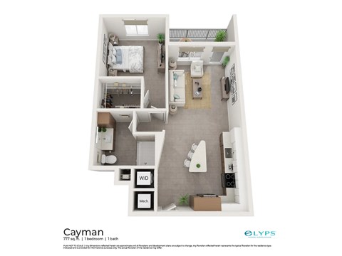 A floor plan of a Cayman apartment with a living room, kitchen, and two bedrooms.